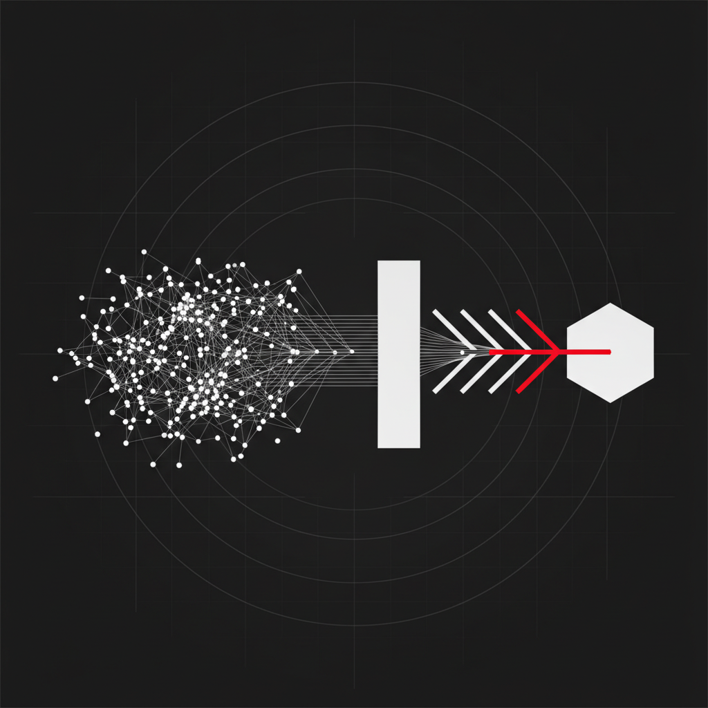 Abstract geometric diagram: a cluster of connected white nodes passing behind a solid opaque plane and emerging as a single simplified hexagon, with one crimson line marking the hidden layer