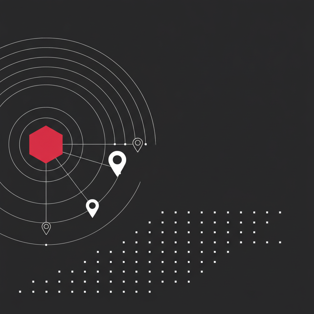 Abstract geometric composition of concentric white arcs radiating from a crimson hexagonal node, with pin markers at increasing distances over a sparse node grid