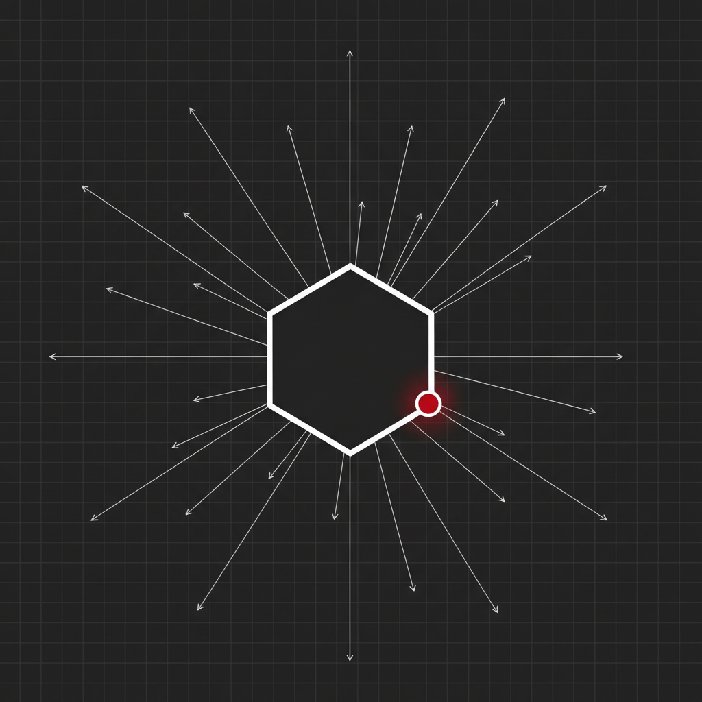 Abstract diagram of white arrows and arcs converging on a central hexagonal node, with one crimson point marking it as the preferred source among many
