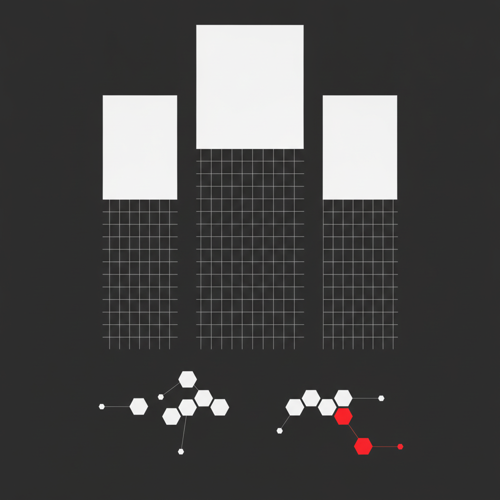 Abstract geometric composition of three white monolith towers over a dense grid, with a separate cluster of hexagons below and one crimson hexagon linked to three others