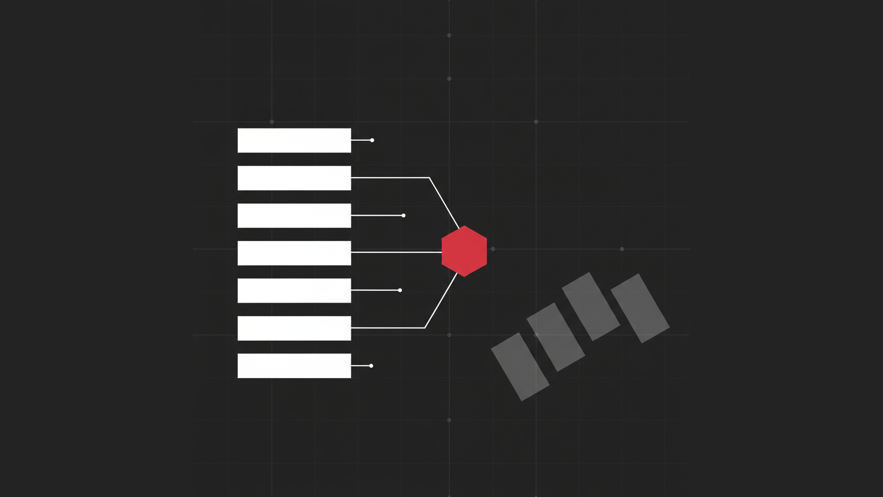 Abstract geometric composition of seven stacked horizontal bands narrowing into a single crimson node, with four faded rectangles falling away to one side