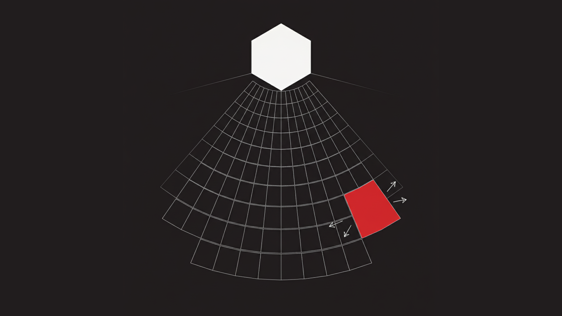 Abstract geometric diagram of one white hexagon distributing identical outlined rectangles down a rigid grid, with a single crimson rectangle breaking the pattern as three arrows converge on it