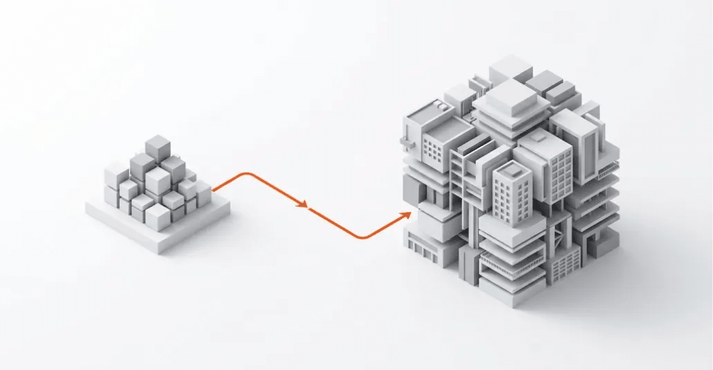 Ultra-minimalist 3D illustration of two sequential structured phases representing AI project discovery and architecture, connected by an orange-red flow line on a white background