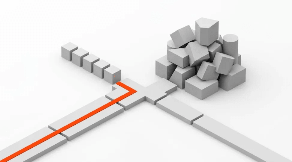 Minimalist 3D illustration of a project decision fork with one path leading to a structured scoping phase and another leading directly to build, representing the cost of skipping discovery