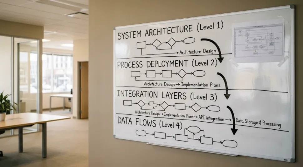 Conceptual diagram representing the four-layer AI integration architecture for healthcare revenue cycle management including pre-submission validation, eligibility verification, denial analytics, and appeals automation