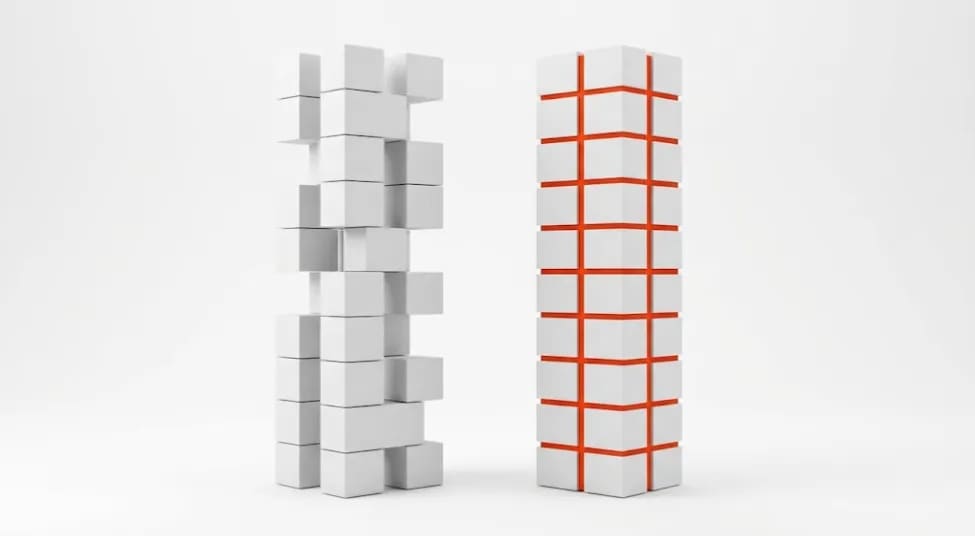 Minimalist 3D illustration showing two structured columns representing a scoping gap comparison, with completed items marked in orange-red on the right side representing a properly scoped AI project