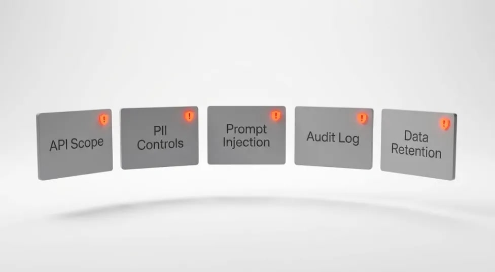 Visual breakdown of the five most common security gaps in AI voice agent data integrations including API scope, PII controls, prompt injection, audit logging, and LLM data retention