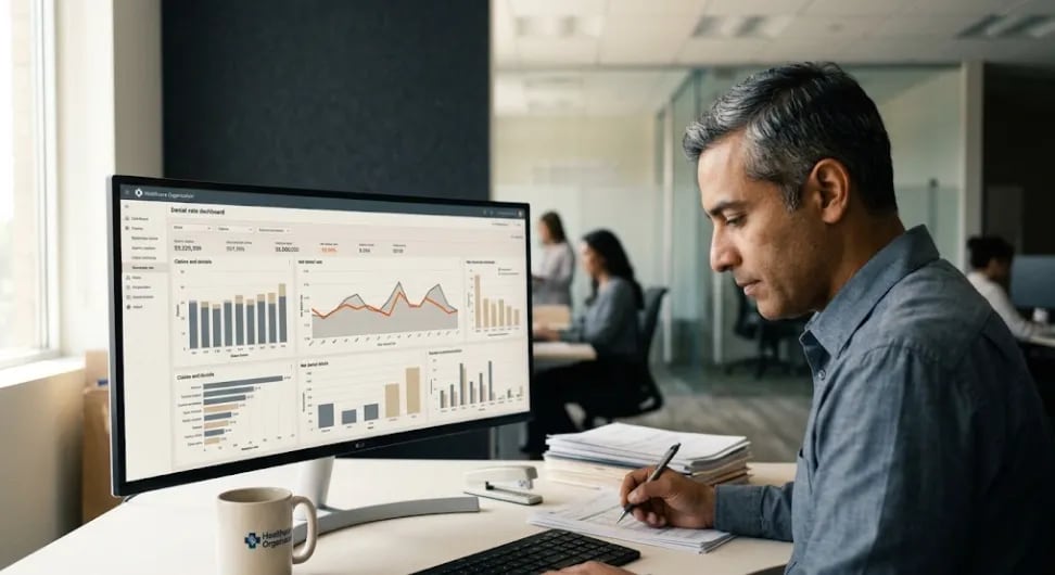 Candid wide shot of a healthcare RCM analyst reviewing denial-rate benchmarks on a monitor in a quiet modern office