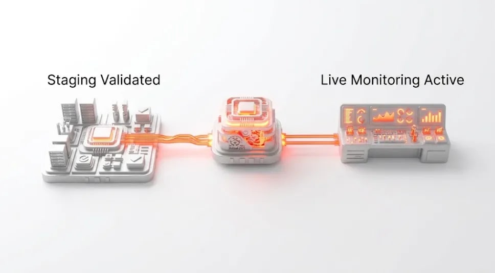 Mirlo Systems production AI go-live sequence for logistics showing staging validation and real-time monitoring activation