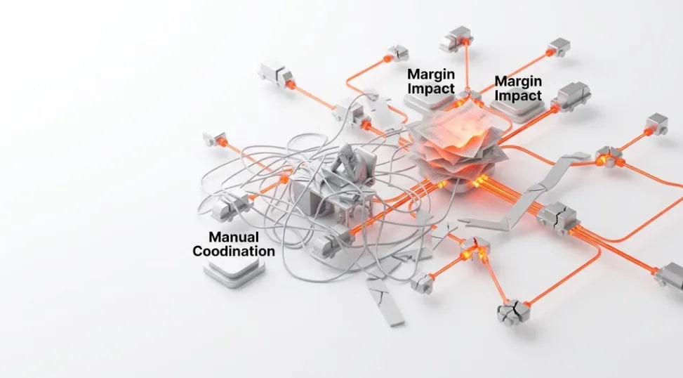 3D visualization of manual logistics coordination breakdown showing fragmented dispatch paths and high-friction operational bottlenecks