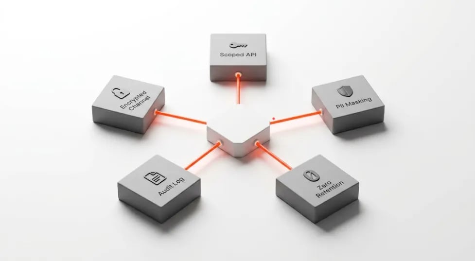 Mirlo Systems secure AI voice agent integration architecture showing encrypted data channels, scoped API access, PII controls, audit logging, and zero LLM data retention components