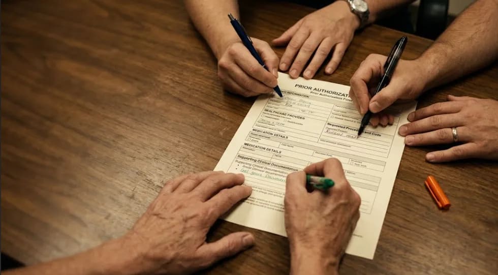 Documentary image representing the manual prior authorization workflow burden at provider-side RCM operations including multi-staff submission processes and documentation gap analysis