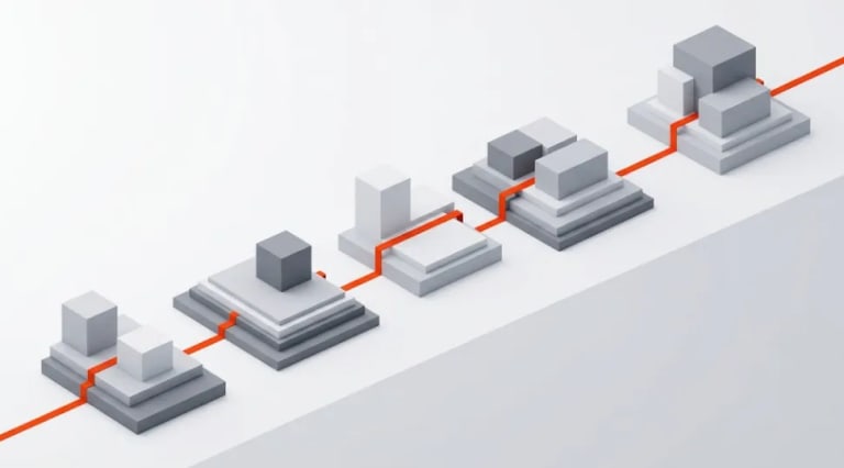 Ultra-minimalist 3D illustration showing a structured AI project blueprint with layered architecture blocks and orange-red accent lines on a white background, representing AI project scoping methodology