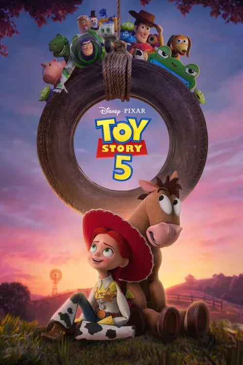 Toy Story 5 poster, featuring Woody, Buzz, and the gang, 2026