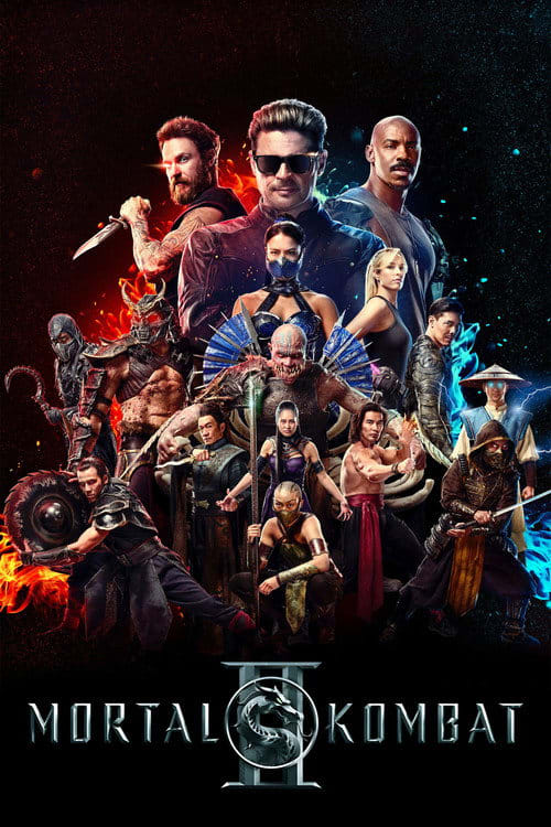 Mortal Kombat II poster, featuring the cast and a bloody, action-packed scene from the film.