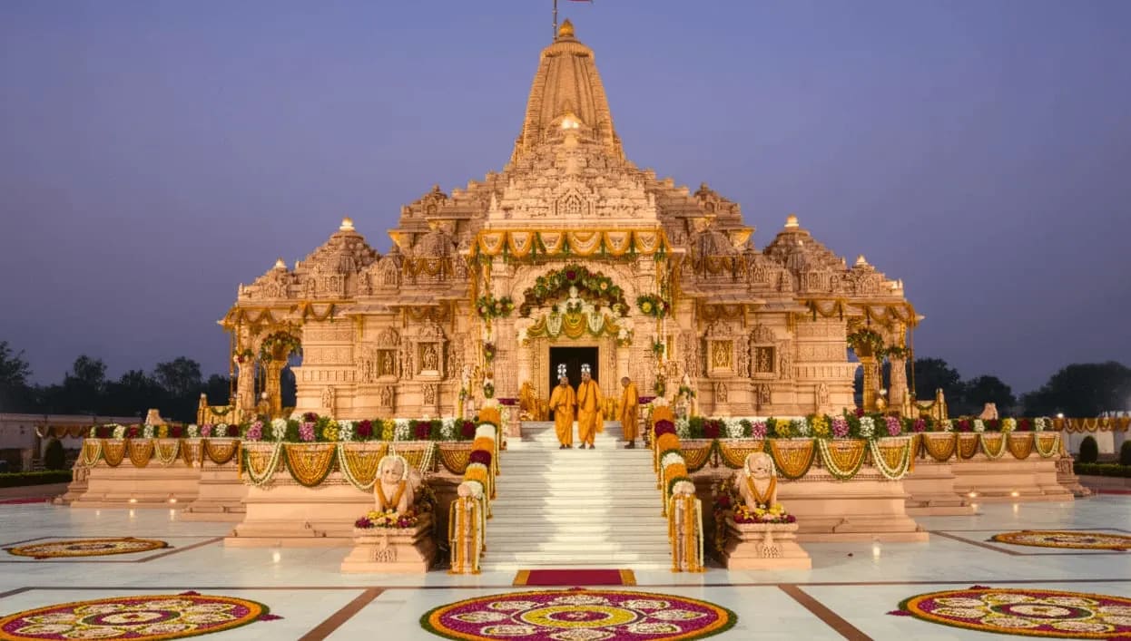 Ram Temple in Ayodhya, with devotees in the foreground