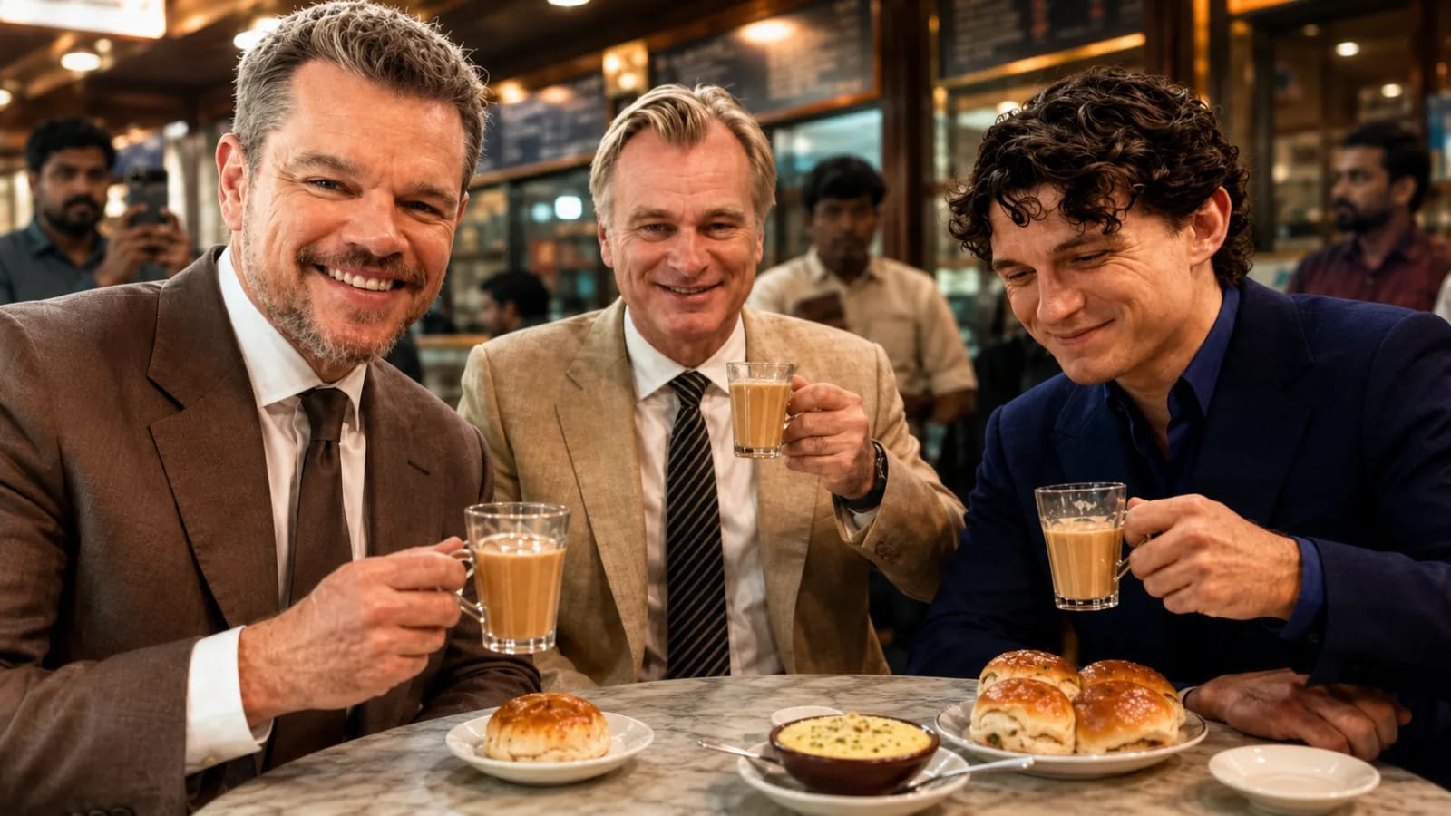 Christopher Nolan, Tom Holland and Matt Damon at The Odyssey Mumbai premiere red carpet