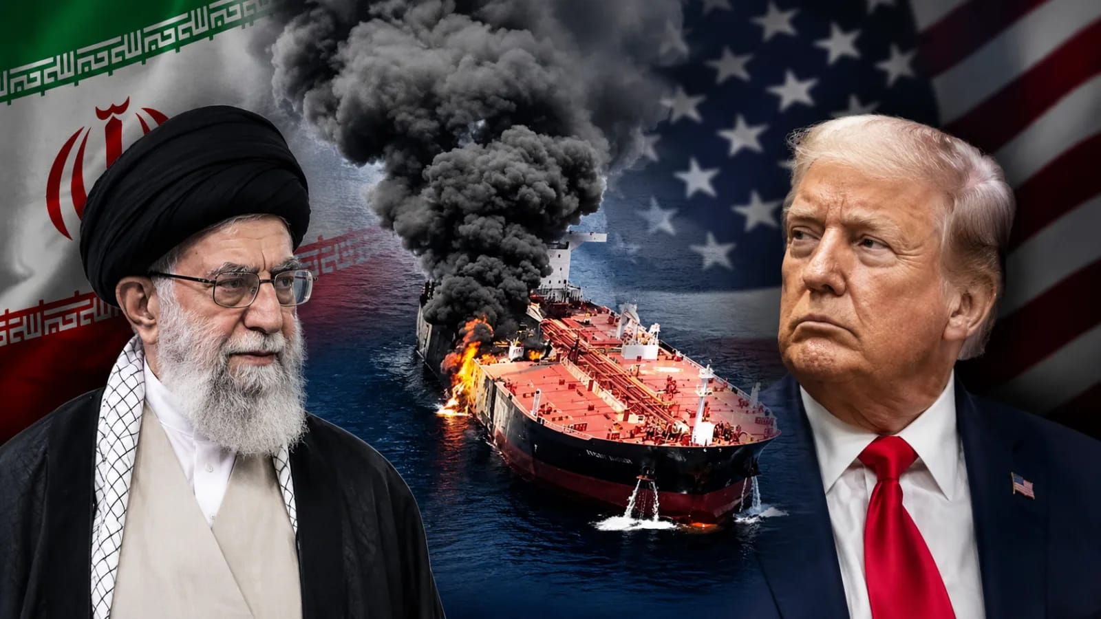 Oil tanker on fire in the Strait of Hormuz during US and Iran conflict escalation