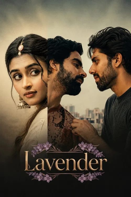 Lavender (2026) official poster featuring three silhouettes against a Mumbai cityscape background