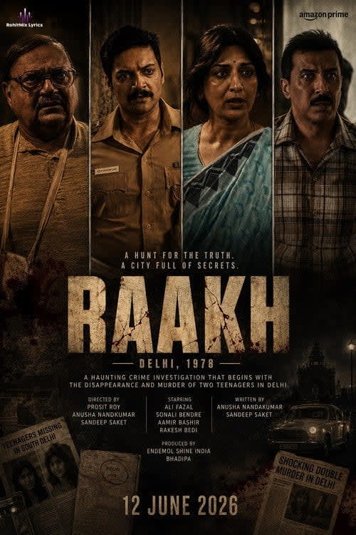 Raakh 2026 poster featuring a dark, moody silhouette of a police officer against a burning city backdrop, highlighting the crime drama genre.
