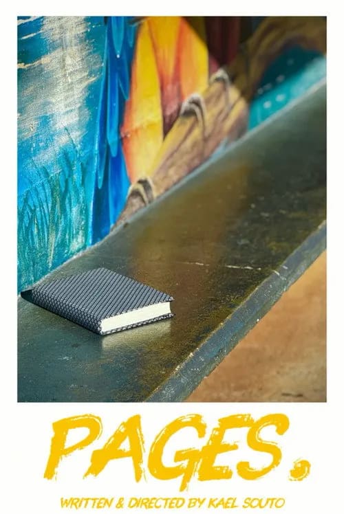 Official movie poster for pages. (2026) showing a forgotten book on a bus stop bench