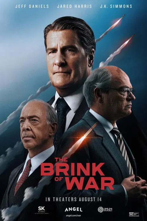 Movie poster for The Brink of War (2026) featuring silhouettes of Ronald Reagan and Mikhail Gorbachev against a backdrop of a divided globe.