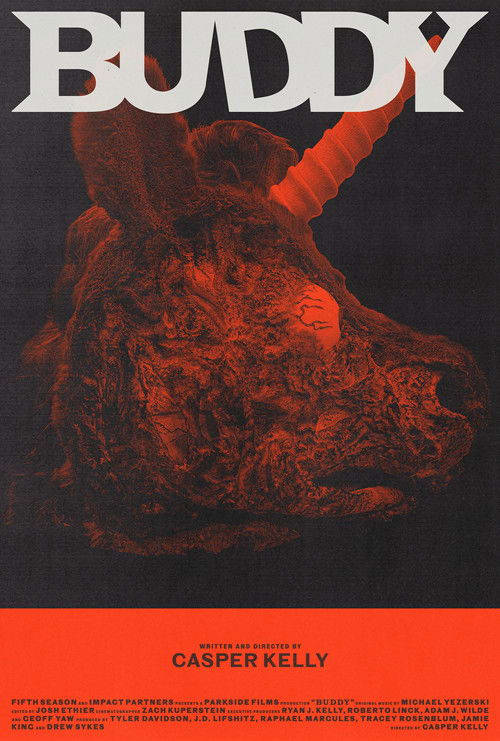 Movie poster for Buddy (2026) featuring a bright orange unicorn with a menacing expression against a colorful, distorted television studio background.