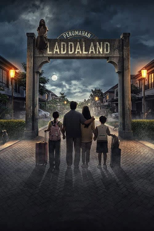 Movie poster for Perumahan Laddaland (2026) featuring a dark, shadowy suburban housing complex with the title in bold red letters.