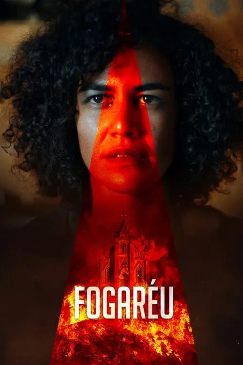 Fogaréu movie poster featuring a silhouette of a woman against a dry, golden Brazilian landscape with modern agricultural machinery in the distance.