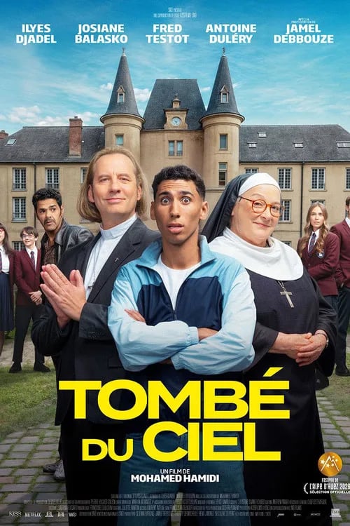 Movie poster for Tombé du ciel (2026) featuring the main cast against a French backdrop.
