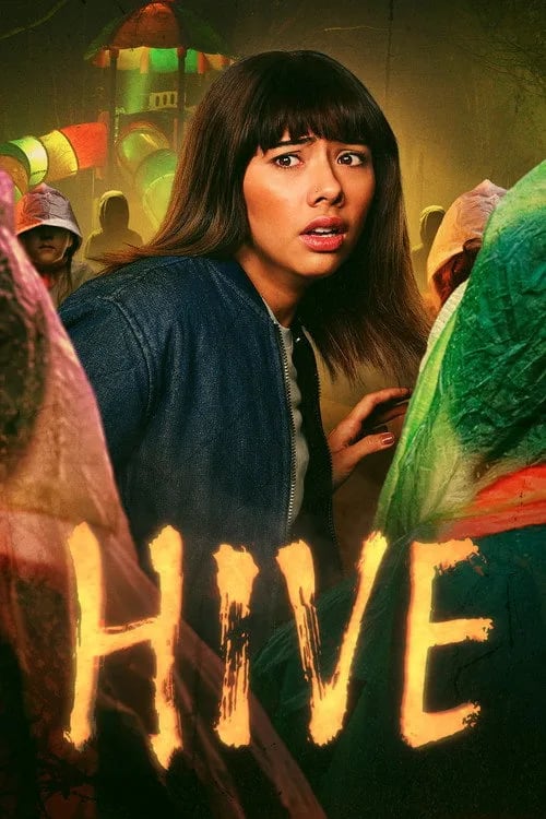 Hive (2026) movie poster featuring a dark, shadowy playground with a silhouette of a teenager and ominous children in the background.