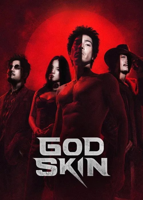 God Skin (2026) movie poster featuring a fighter with glowing tattoos in an underground arena