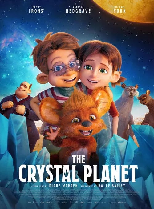 The Crystal Planet (2026) movie poster featuring a young girl and a mysterious animal cub in an outer-space colony setting.