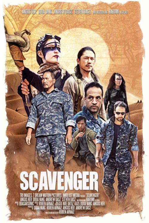 Scavenger 2026 movie poster featuring a gritty, futuristic aesthetic with the main cast in a desolate wasteland setting.