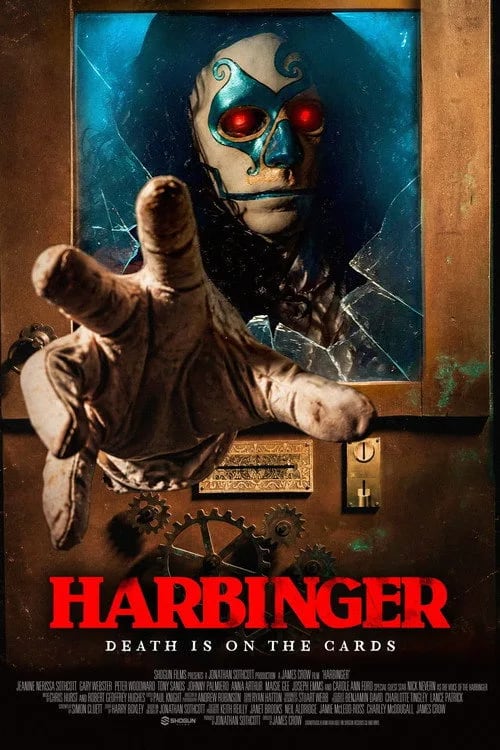 Harbinger movie poster featuring a dark, gothic interior with a glowing fortune-telling machine and the title Harbinger (2026)