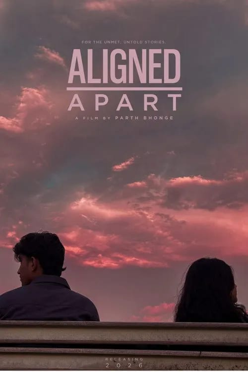 Official movie poster for Aligned Apart (2026) featuring the title and key cast members.