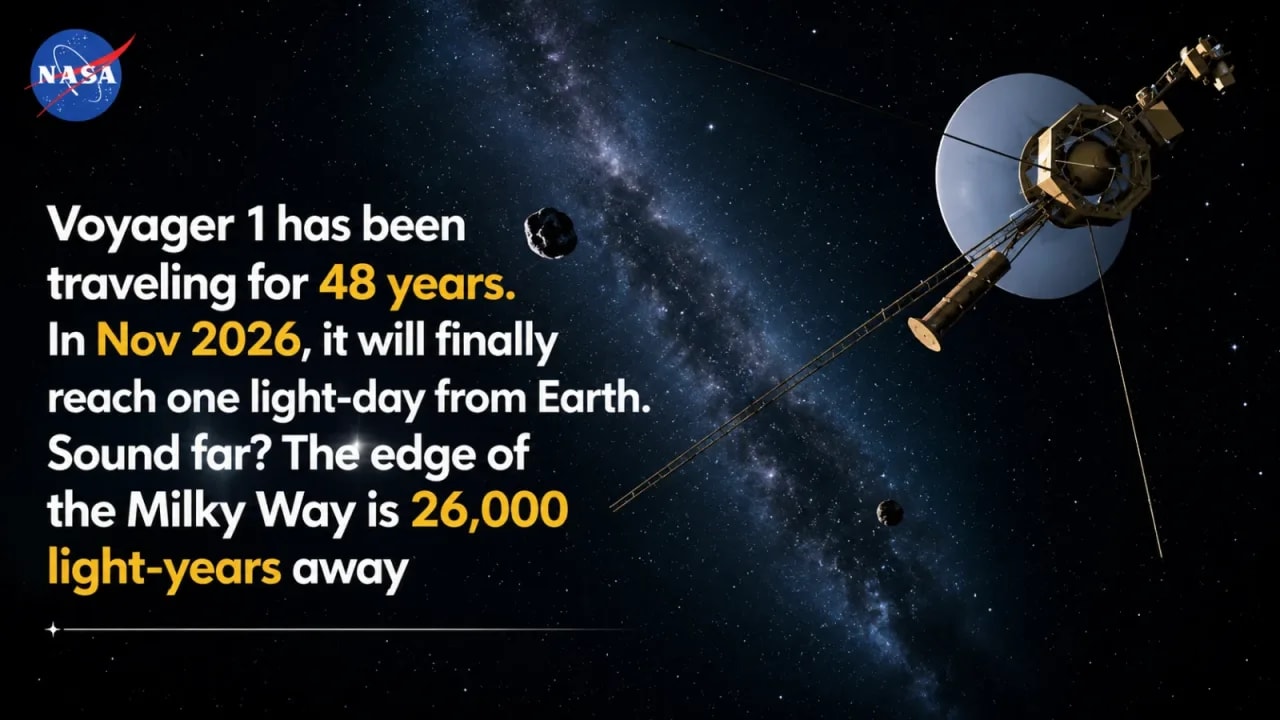 Voyager 1 spacecraft traveling in deep space with Earth visible as a tiny dot, illustrating the one light-day distance milestone