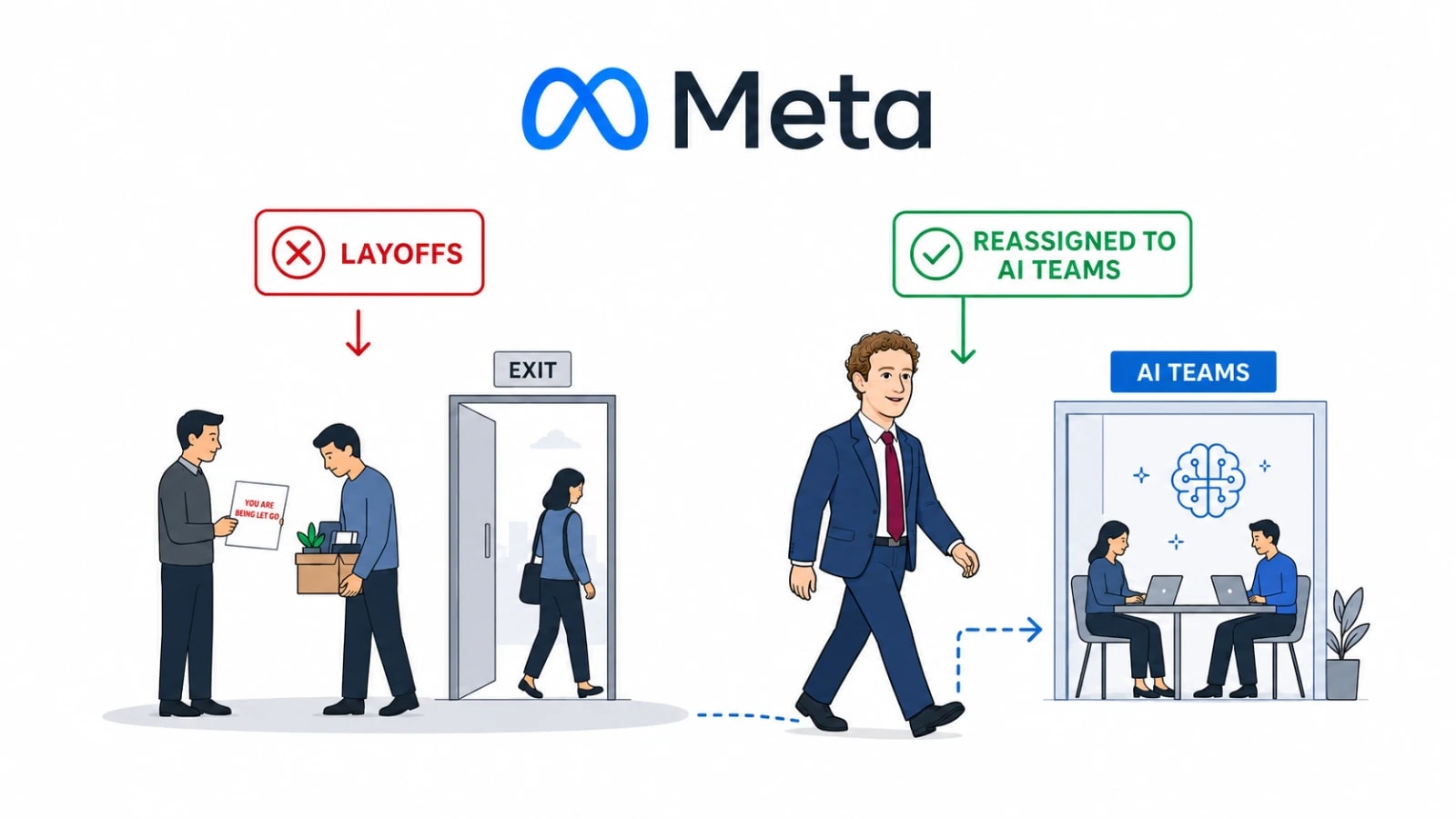 Meta employees looking at AI data screen related to the Meta AI layoff lawsuit