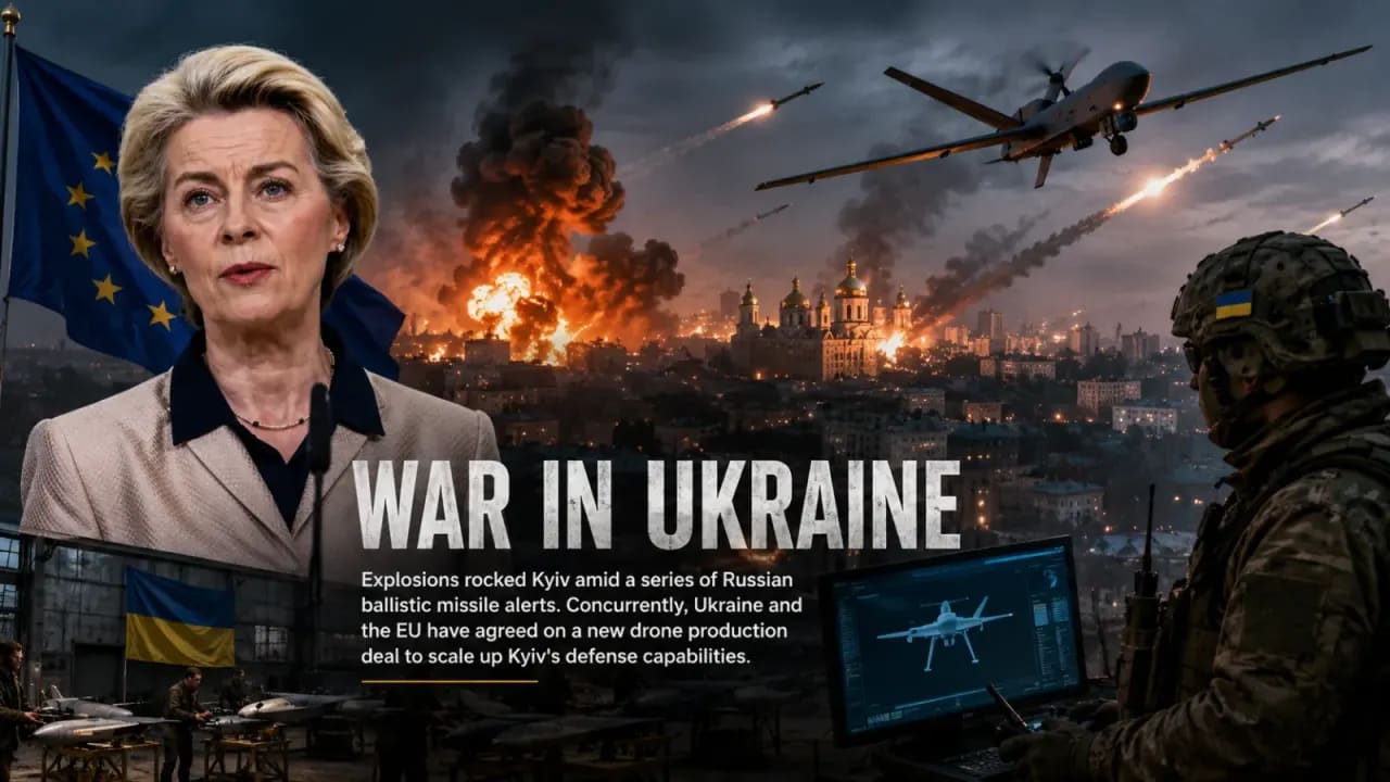 Ursula von der Leyen and Ukrainian officials signing the Ukraine EU drone deal in Kyiv during a missile alert