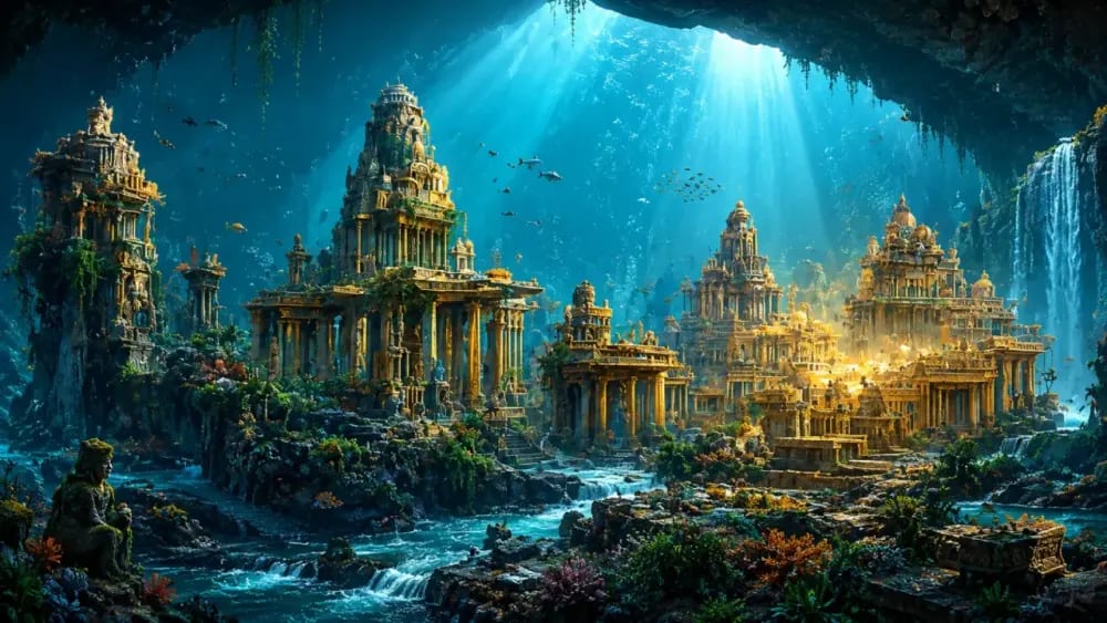 The lost city of Dwarka rising from the sea with Lord Krishna overlooking the ancient kingdom