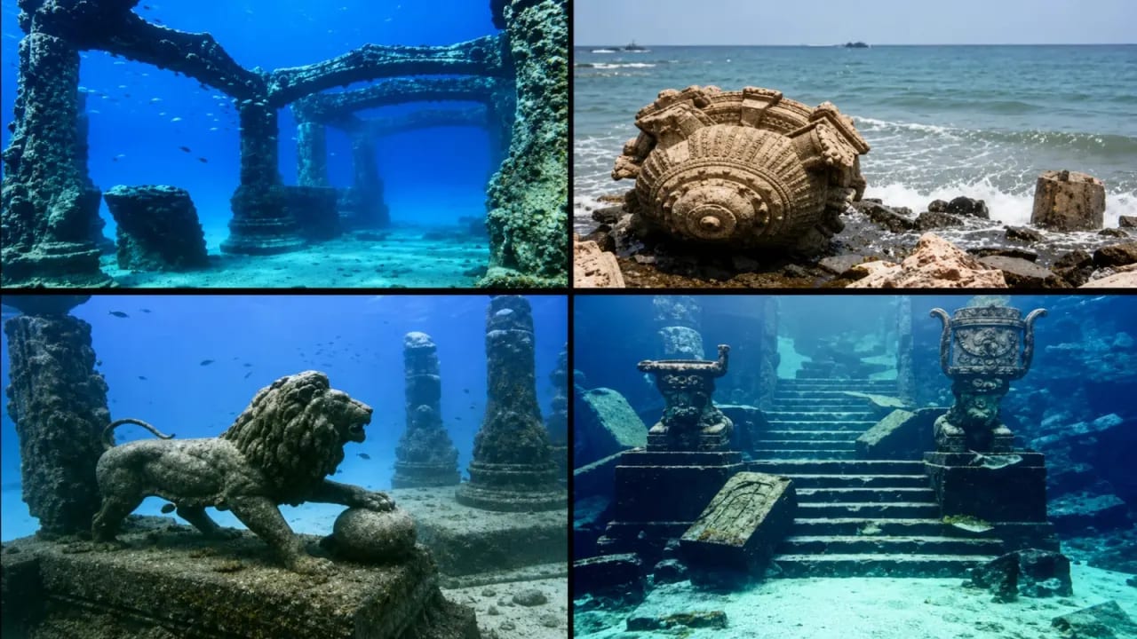Submerged ruins of the lost city of Dwarka underwater with stone walls and pillars