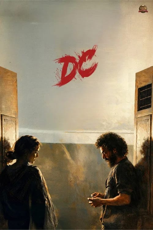 Movie poster for DC (2026) featuring Lokesh Kanagaraj and Wamiqa Gabbi in a gritty, high-contrast action setting.