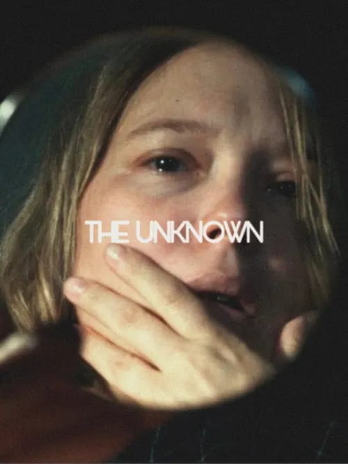 Movie poster for The Unknown (2026) featuring a split image of a man and a woman representing the dual identity theme.