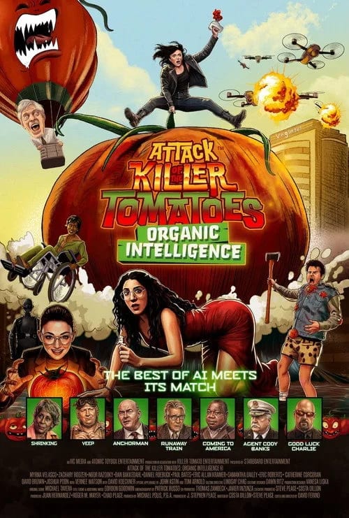 Movie poster for Attack of the Killer Tomatoes: Organic Intelligence (2026) featuring a menacing tomato with glowing eyes against a dark, tech-infused background.