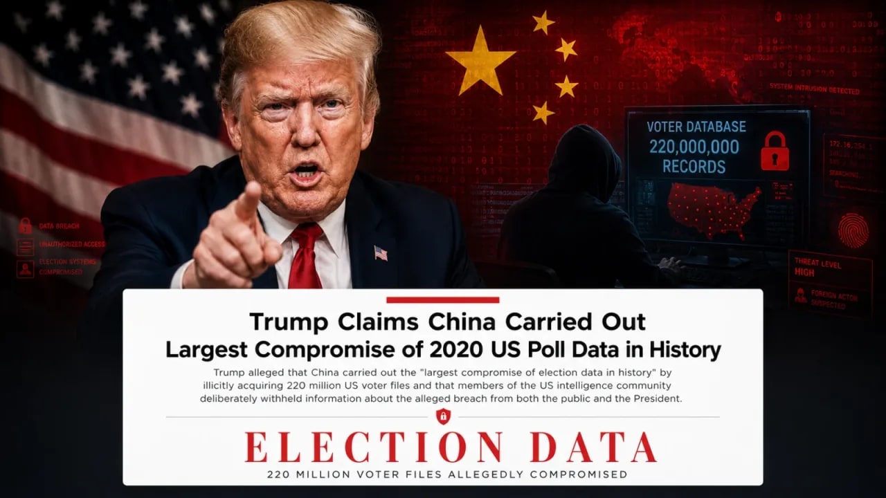 Donald Trump speaking about Trump claims China largest compromise of election data at White House podium