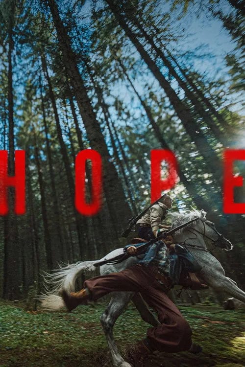 Movie poster for Hope (2026) featuring a dark, misty coastal village with silhouettes of police officers and a looming alien figure in the background.