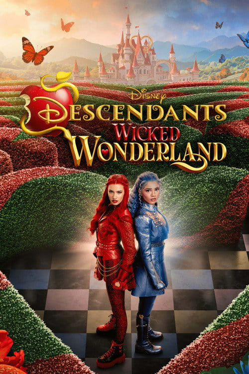 Official movie poster for Descendants: Wicked Wonderland (2026) featuring the main cast in a colorful Wonderland setting