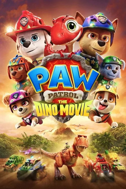 PAW Patrol: The Dino Movie poster, featuring the PAW Patrol team on a dinosaur island