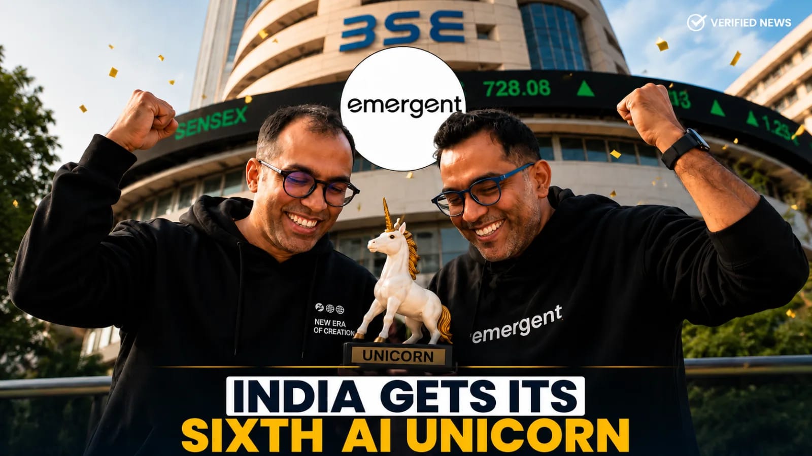 Emergent founders celebrating unicorn status with $1.5 billion valuation on screen