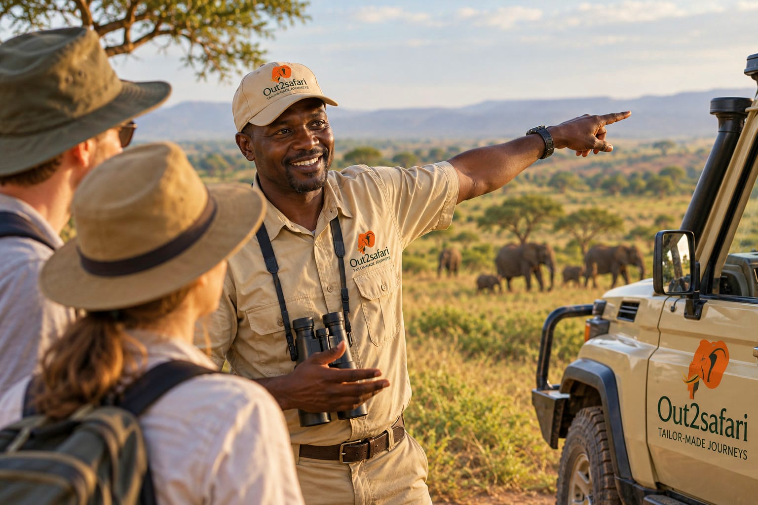 An Out2safari guide showing guests an elephant herd from the vehicle